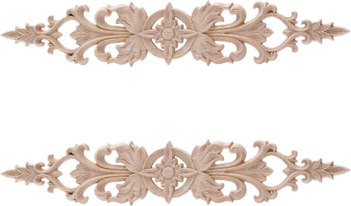Set van 2 onbehandelde houten ornamenten als decoratieve houtsnijwerk applicatie voor meubels en kastdeuren