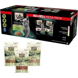 SHEBA Kitten flavour packet 40x85 g - Alleinfuttermittel für Kätzchen in Sauce (Schnitte mit: Lachs, Huhn) + WILD FARM 3x50g Katzenleckerli
