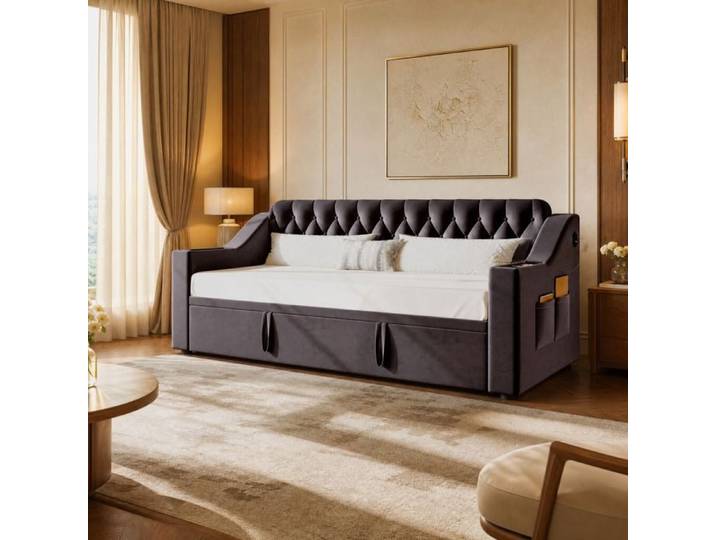 Lit banquette - ZEVKOR - Lit Banquette Double 90×190 cm - Velours gris foncé - Rangements intégrés - USB & Type-C