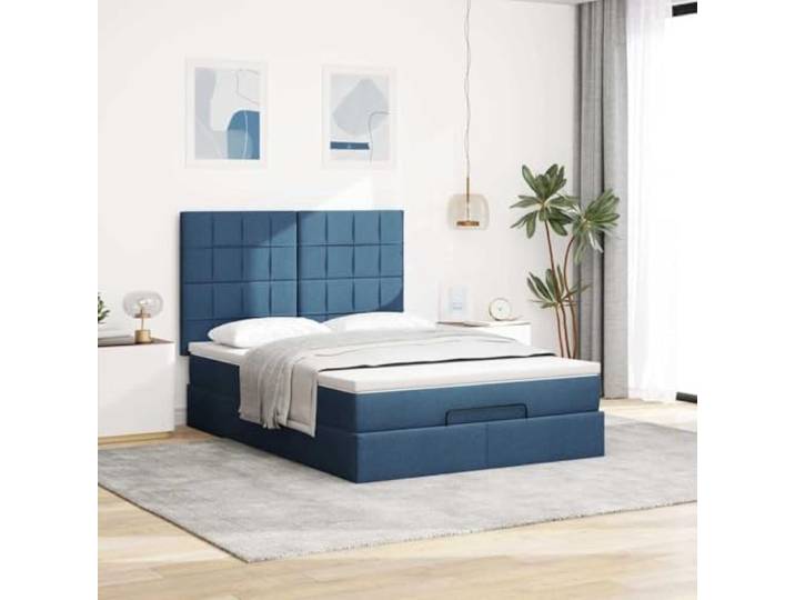 KTHLBRH Boxspringbett mit Matratze, Blau, 140 x 190 cm Taschenfedern, hydraulischer Aufzug, inklusive Matratzenschoner, Lattenrost