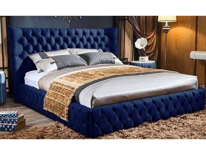 Xlmoebel Polsterbett Doppelbett im Chesterfield-Design aus blauem Polsterstoff (Bett), Hergestellt in Europa