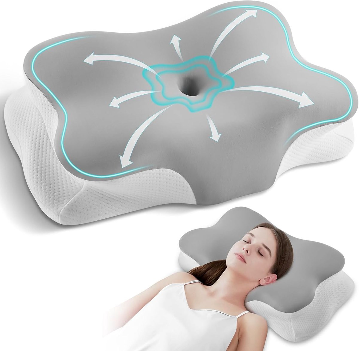 Ergonomisch Vlindervormig Nekkussen van Traagschuim - Grijs & Wit