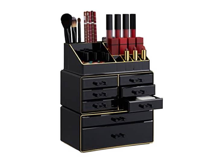 Relaxdays 10023135_1098 Boîte rangement maquillage Make up organisateur cosmétiques tiroirs compartiments\, noir-doré\, acrylique\, Taille Unique