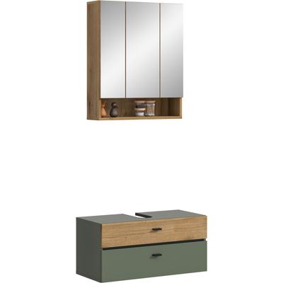 Badmöbel-Set WELLTIME "VANN, 2-teilige moderne Badkombination", grün (sage grün, evoke oak nachbildung, schwarz), B:75cm H:191cm T:35cm, Holzwerkstoff, Kastenmöbel-Sets, Badmöbel-Set, Bad-Kombination, Bad-Möbel, Badezimmer, Kombination, Kombi, Bad-Set