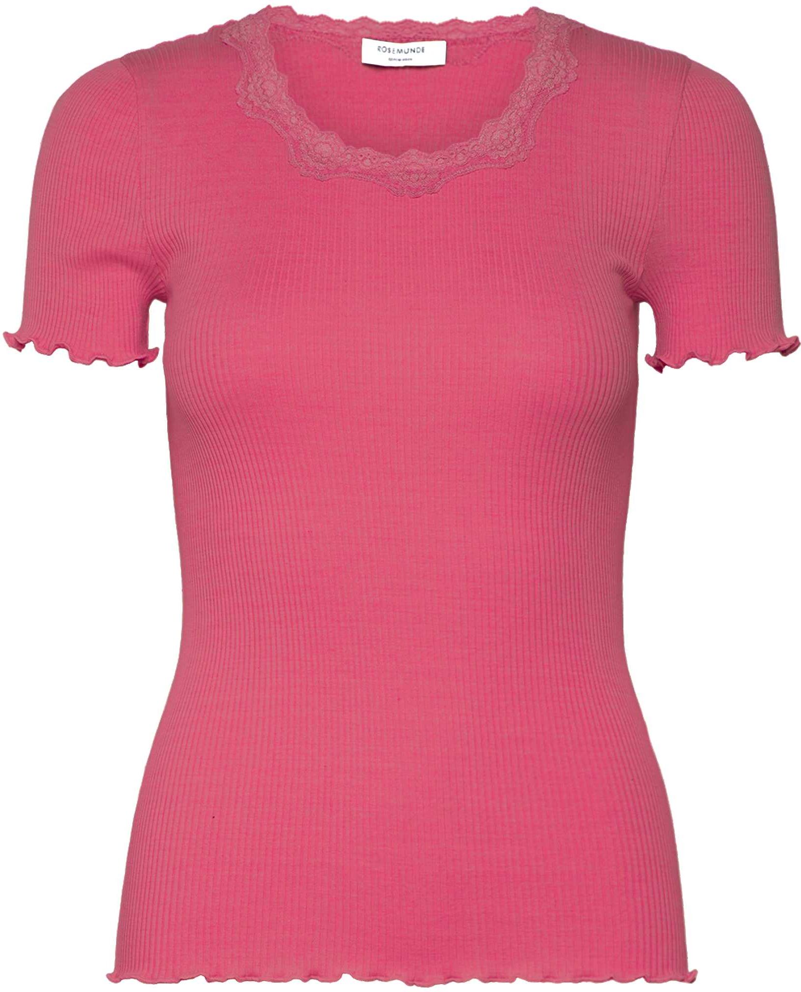 Spitzenshirt ROSEMUNDE "Beatha lace t-shirt mit Seide mit Seide", Damen, Gr. S, pink (rapture rose), Feinstrick, Obermaterial: 55% Seide, 45% Baumwolle, unifarben, eng hüftbedeckend, Rundhals, gewellter Abschluss, Shirts Spitzenshirt, wunderschönes Halbar