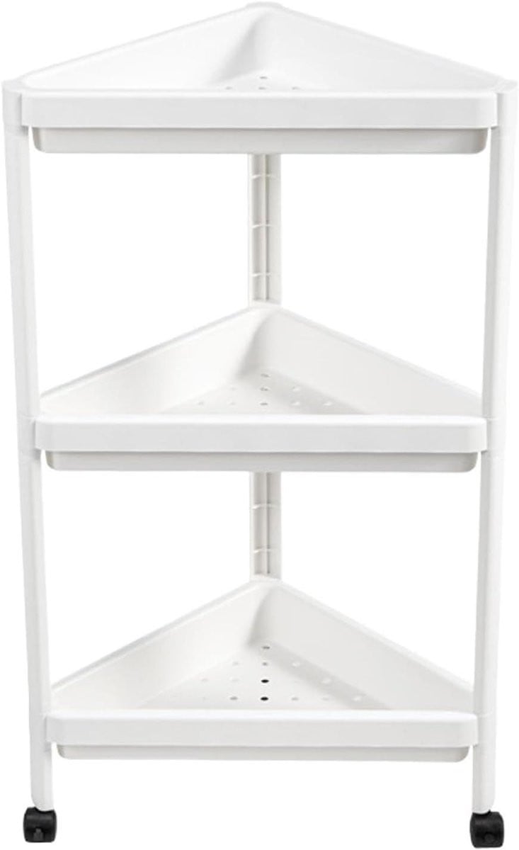 Wit Driehoekige Hoekplank met Wielen voor de Woonkamer, Badkamer of Keuken, Hoogte: 733 cm