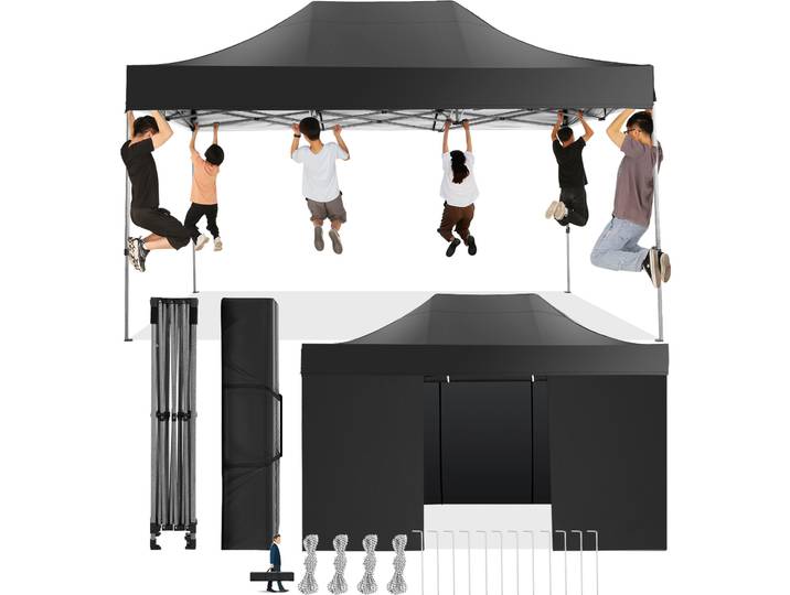 Tonnelle pliante 3x4,5m avec 4 parois latérales, tente de réception à toit pointu, auvent extérieur, abri pare-soleil pour jardin et camping