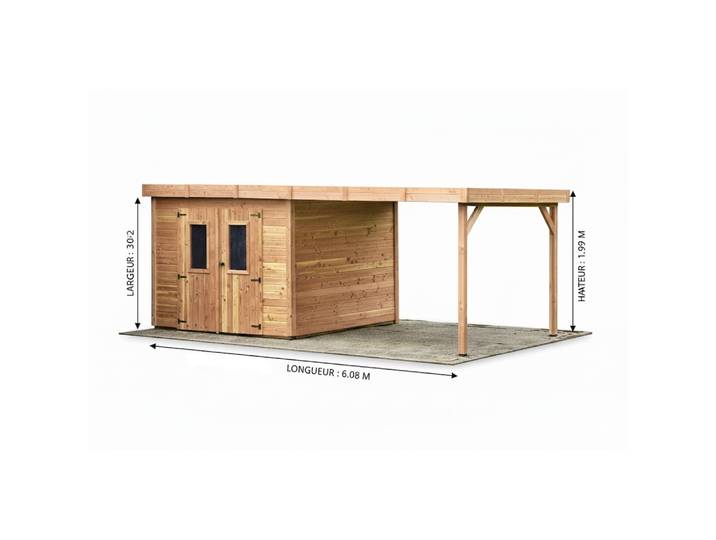 Abri Madriers bois massif / 28 mm/ surface extérieur 18,36 m2 avec bûcher / Toit plat / couverture polycarbonate