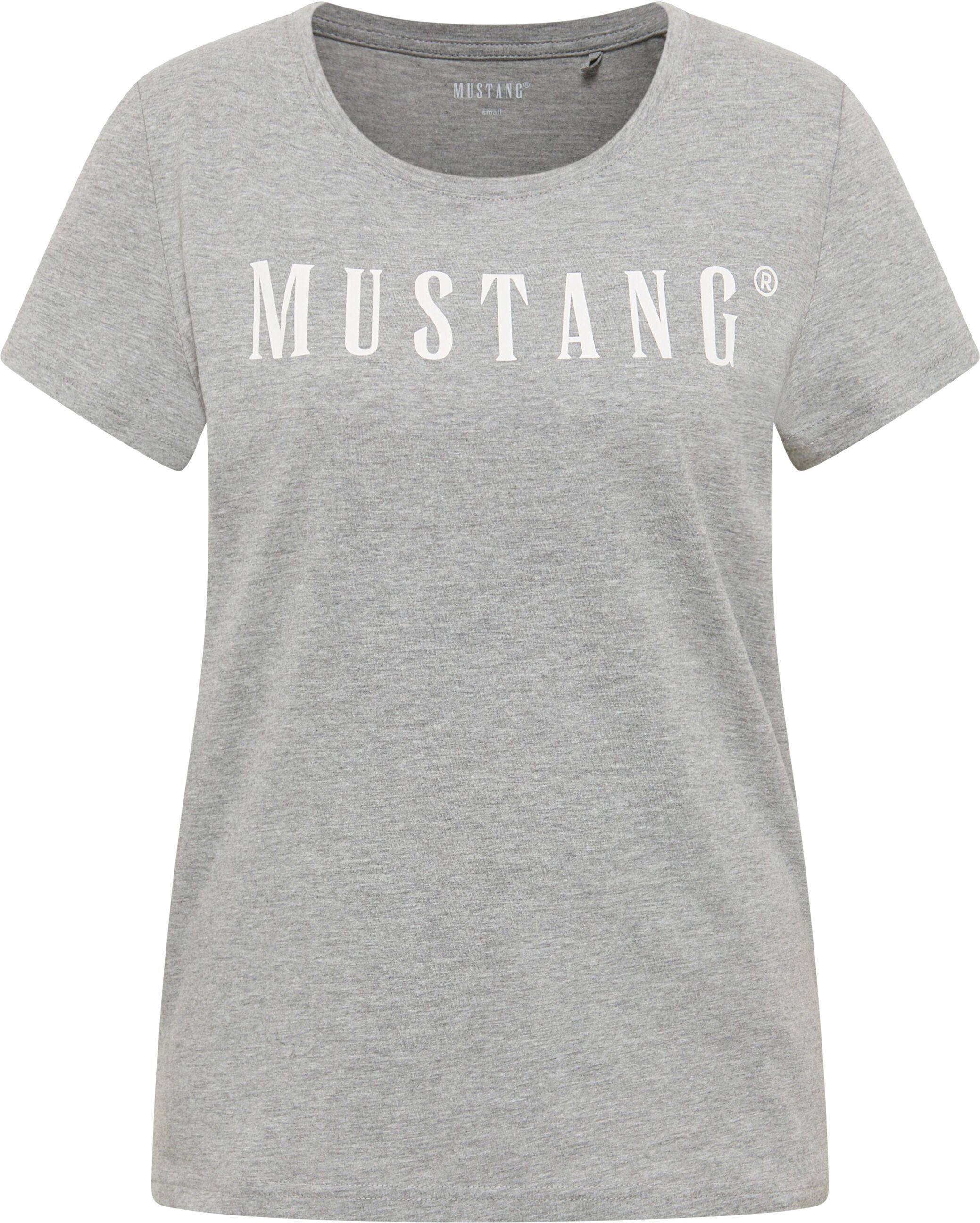 Kurzarmshirt MUSTANG "Damen Style Alma", Damen, Gr. XL, grau (grau meliert), Jersey, 100% Baumwolle, Rundhals, Shirts Kurzarmshirt grau meliert XL