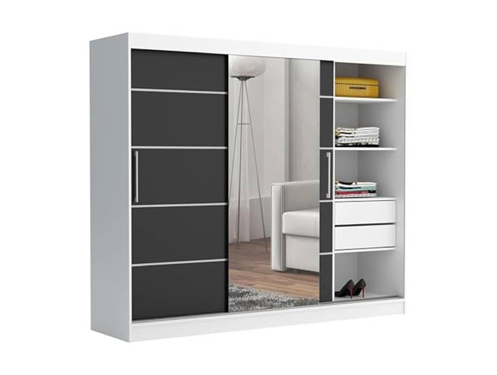 Brent - Kleiderschrank mit Spiegel und Schubladen 235cm Breit Chelsea Tomy, Schwebetürenschrank mit Spiegel, Schlafzimmerschrank, Kleiderschrank Weiß/Schwarz