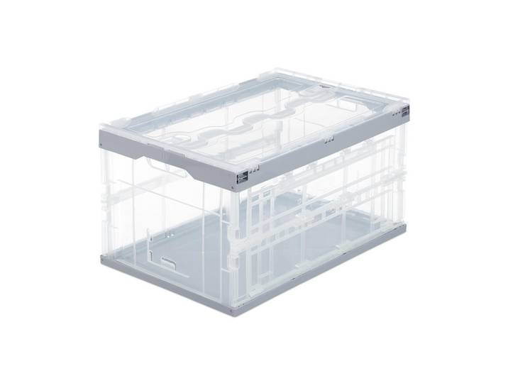 Relaxdays Transportbox Transparent Grau faltbar mit Deckel 60 l, Transparent, Grau, Kunststoff, 59.5x31.5x39.5 cm, Ordnen & Aufbewahren, Dekoboxen & Aufbewahrungsboxen