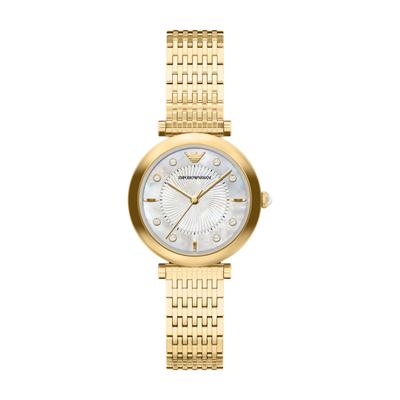 Quarzuhr EMPORIO ARMANI, gold (gelbgoldfarben, perlmuttfarben), Armbanduhren, Damen, Quarzuhr, Armbanduhr, Edelstahlarmband, analog, Glassteine