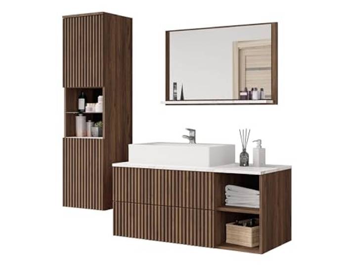 Mirjan24 Badmöbel Set Kormen Rillen II mit Waschbecken und Siphon, 4 offenen Fächern, 4 Einlegeböden 2 Schubladen, Oberplatte - Marmor-Optik, Badezimmer Komplett (Nuss Warmia + Marmor Bianco)