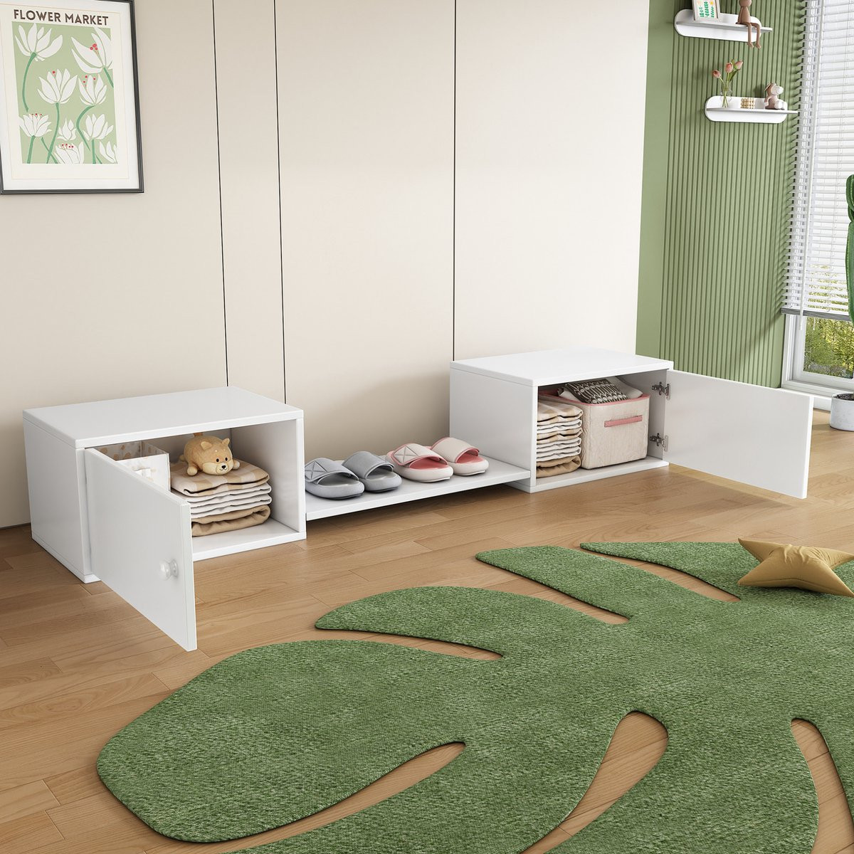 MODFU Schoenenkast met dubbele deuren en schoenenbank, Wit, H 189 x B 40 x D 34,5 cm
