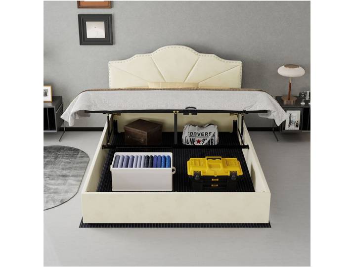 ULEVR Lit coffre relevable beige 140x200 cm avec tête de lit capitonnée et sommier à lattes sans matelas