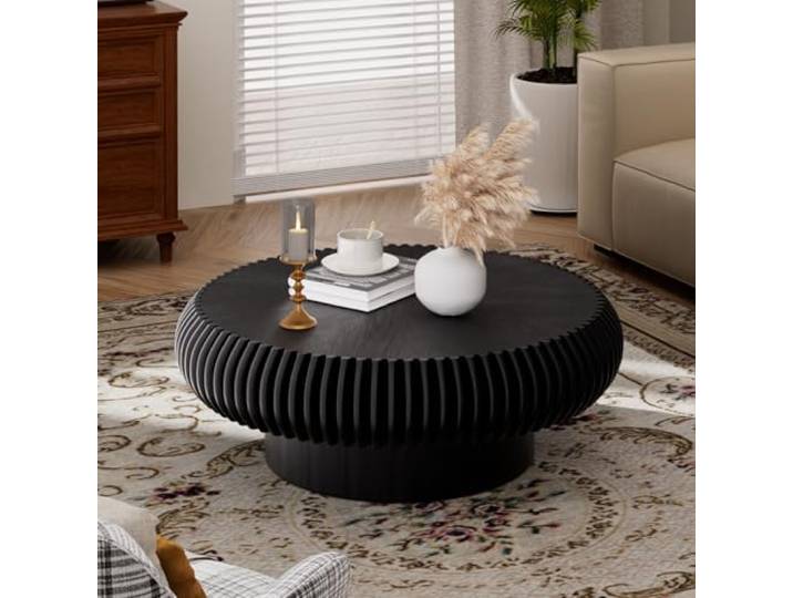 JHKZUDG Runder, Geriffelter Couchtisch 80 cm Aus Holz, Schwarz,31.5 inch Moderner Runder Akzenttisch Im Mid-Century-Stil, Ideal Für Wohnzimmer, Kleine Räume Und Wohnungen, Einfache Montage