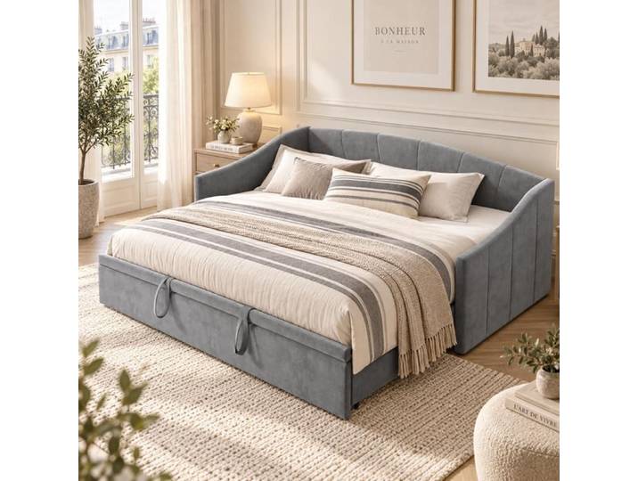 Canapé Lit Gigogne 90/180x190 cm Canapé Lit convertible 2/3 places 2 en 1 Lit 2 places Extensible Rembourrée en Velours Gris