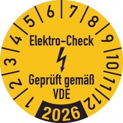 König Werbeanlagen Jahresprüfplakette ab 26, Elektro-Check Geprüft gem. VDE, gelb/schwarz, Folie, Ø 30 mm - Bogen = 10 Stk. - 30 mm Folie selbstklebend