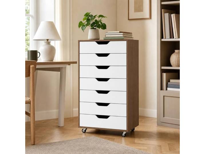 Armoire roulante classement 7 tiroirs 4 roulettes verticale noyer