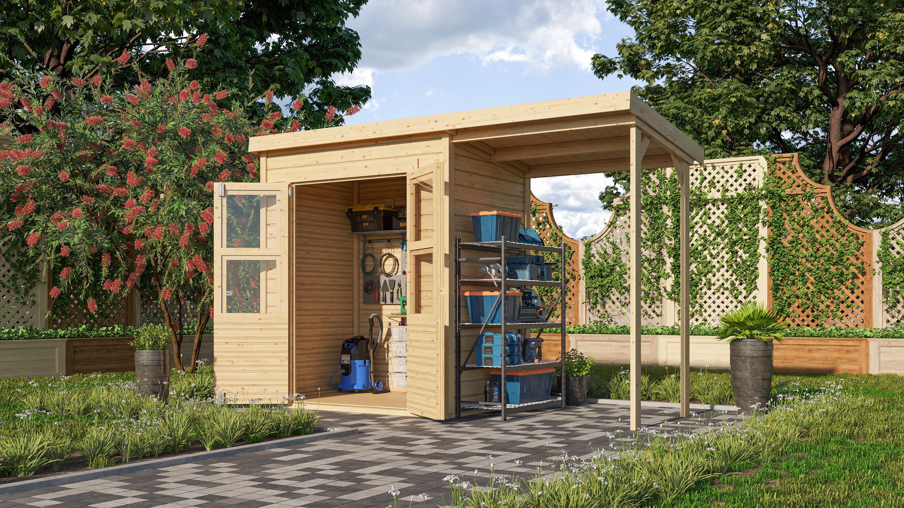 Karibu Gartenhaus "Kano 2" SET naturbelassen mit Anbaudach