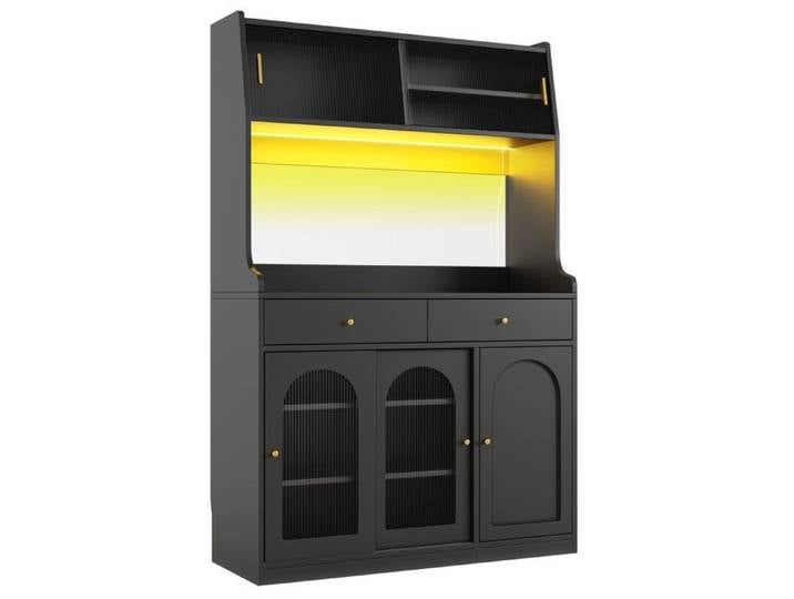Buffet cuisine Buffet 2 tiroirs noir - Meuble haut avec éclairage LED vitrine et étagères réglables - Rangement moderne