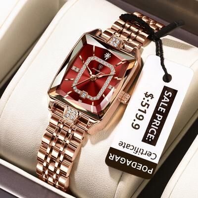Inspire Select POEDAGAR Luxury Waterproof Rectangle Women's Quartz Watch With Calendar rosegold Red