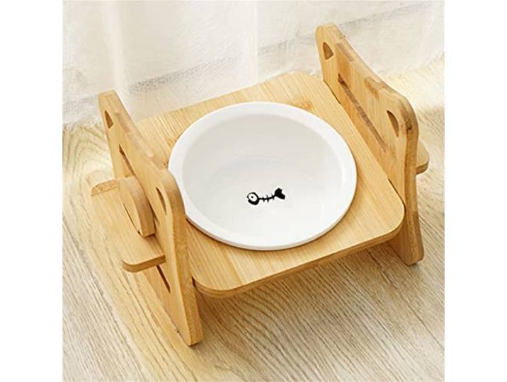 TBNLASS Futternapf für Hunde und Katzen, erhöhter Keramiknapf, verstellbar, Holztisch, Haustierbedarf (E,One)