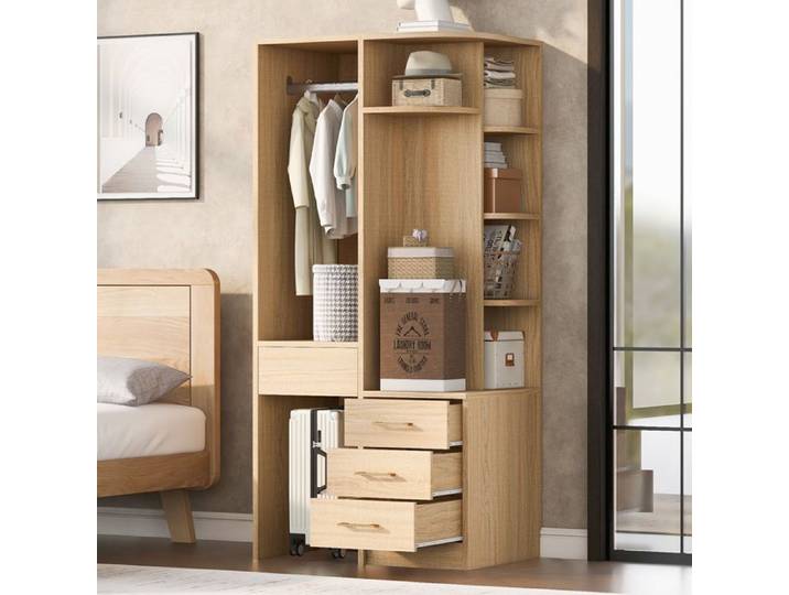 Armoire 70x55x175 cm bois MDF penderie avec étagères multiples grand espace vêtements rangement chambre