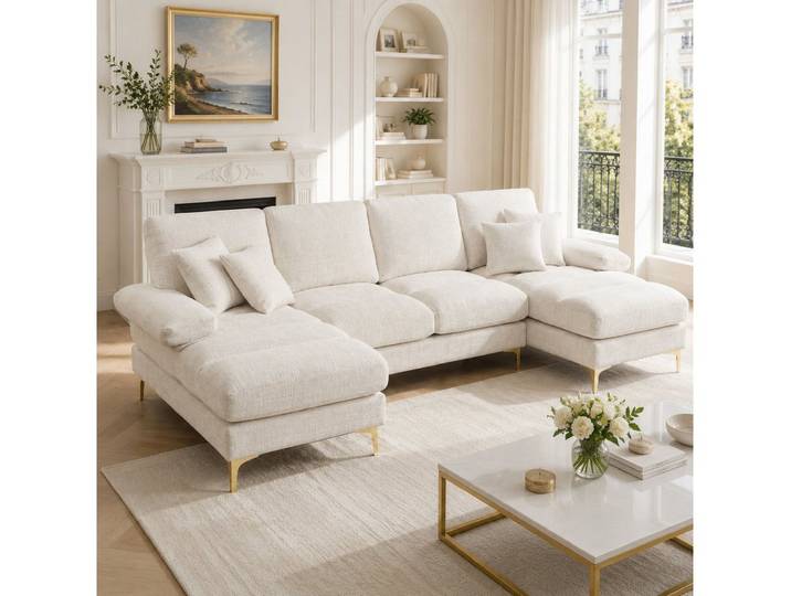 i@home Wohnlandschaft U-Sofa mit Relaxfunktion, 2 Relax-Liegeplätzen, Chenille, Sektionssofa, goldene Metallfüße 1 Teile, Schlafsofa für Wohnzimmer