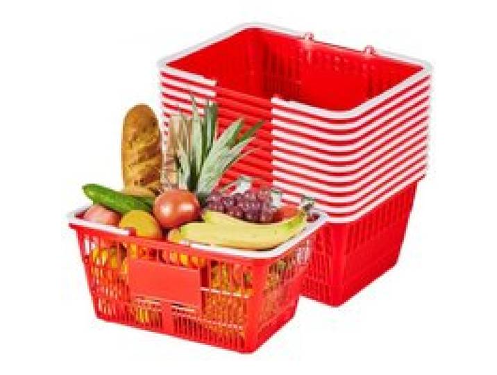 VEVOR Einkaufskorb, 12 Stk., 21 L, PE-Kunststoff-Tragekorb mit Griffen, Universalkorb, hält bis zu 9,07 kg, Picknickkorb für Lebensmittel, Einzelhandel, Geschäfte, Supermärkte, Heimgebrauch, rot