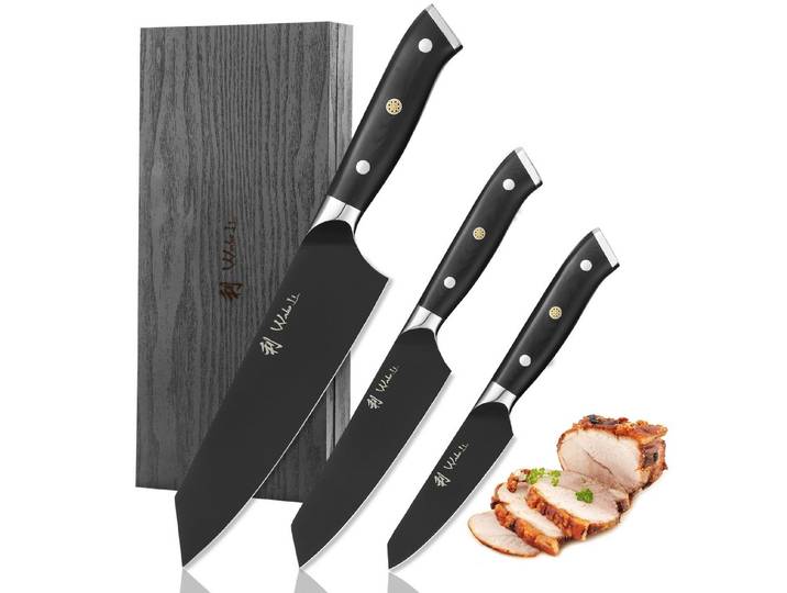 Wakoli Messer-Set Titanium Noir 3er Set Küchenmesser 8-17cm Klingen, G10 Griff, Holzbox (3er Edelstahlmesser-Set, 4-tlg., 3 Edelstahlmesser, Fingerschutz), schwarze Titanbeschichtung