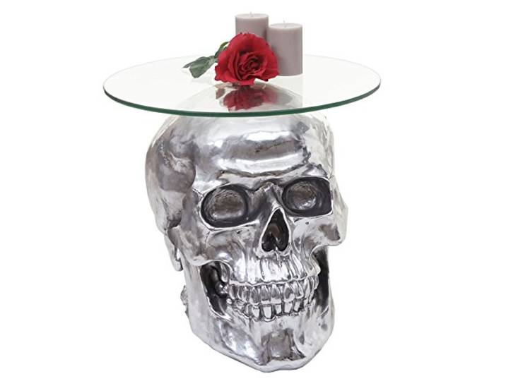 Mendler Beistelltisch Totenkopf HWC-A19AM, Silber 52x55x55cm Polyresin, Glastisch, Wohnzimmertisch
