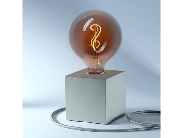 Home Designerlampe aus Beton, Nachttisch-Leuchte, Schreibtisch-Lampe oder für den Boden, Cube-Lampe als Geschenk, Harmonische Beleuchtung, Als LED Lampe für jeden Raum, Mit farbigem Textilkabel „Grau“