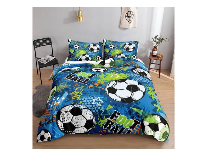 LuxusKollektion Jugendbettwäsche Bettwäsche-Set 155x220 Blau Football Kinder Jugend Erwachsene