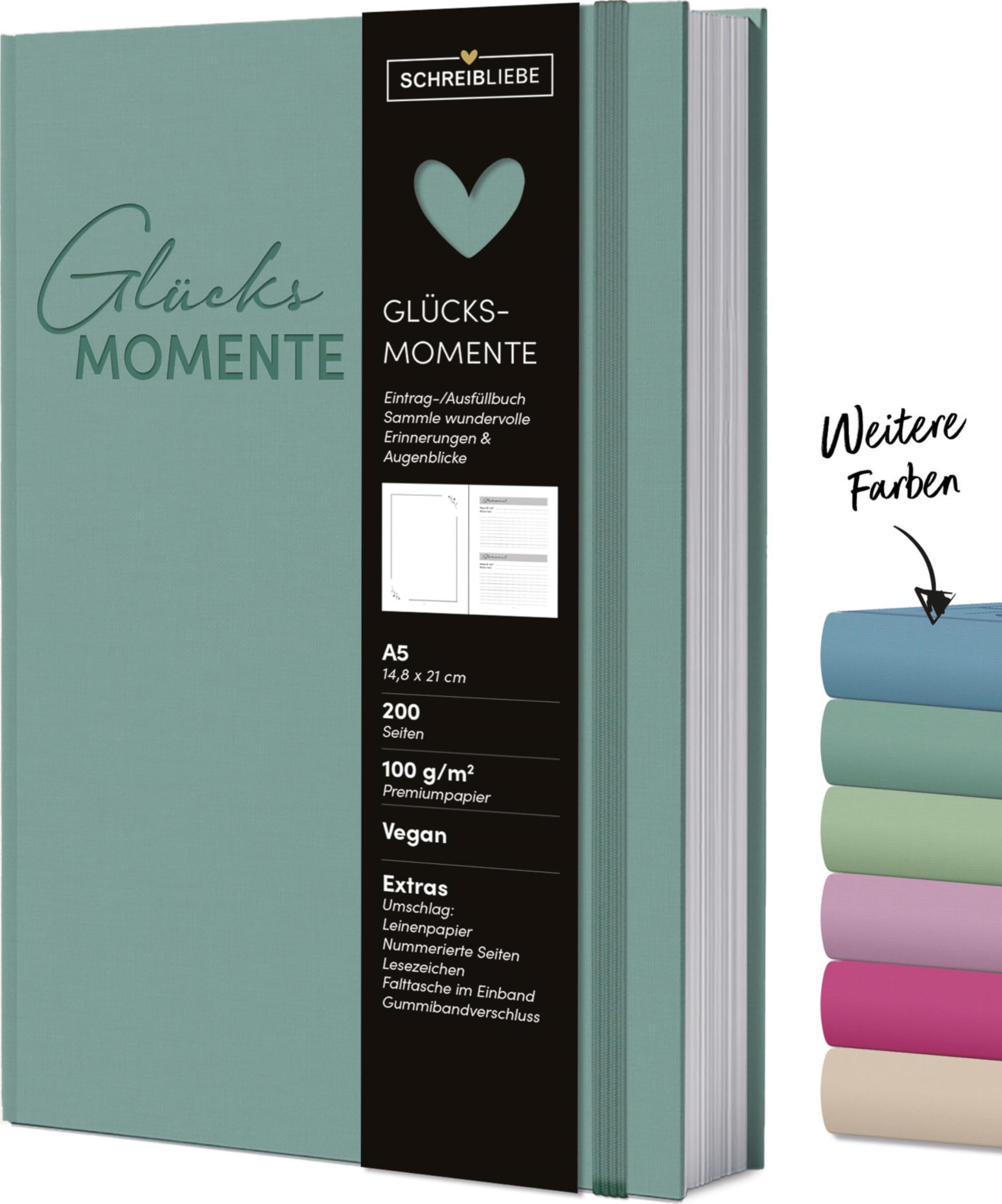 Glücksmomente Salbei: Notizbuch A5, liniert, Ausfüllbuch mit Lesebändchen, Zetteltasche und Gummiband, 200 Seiten - SchreibLiebe - Preis vom 30.09.2026 22:30:23 h