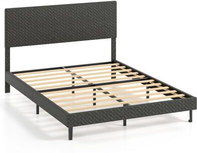 Costway Twin/Full/Queen Size Velvet Bed Frame Upholstered Platform Bed with Chevron Headboard Gray-Queen
