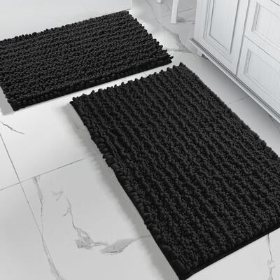 Home Mart Goods 2 Piece Set Black Soft Cozy Plush Chenille Bath Mat Bathroom Rug