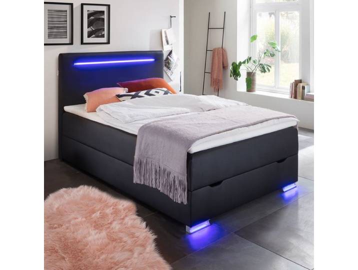 Boxspringbett Andrik Kunstleder mit Beleuchtung und Bettkasten 140x200cm Bonellfederkern-Box Härtegrad: H3 Schwarz
