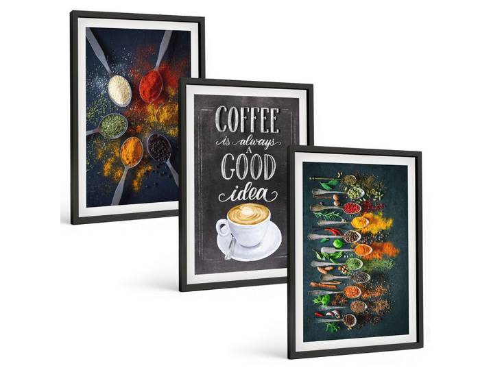 BILDER SET 3er Set - 40x60 cm Schwarzer Rahmen - Gewürze, Kaffee, Kräuter, Muster