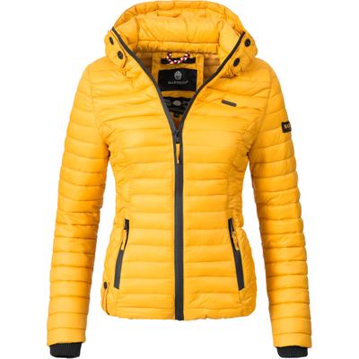 Steppjacke MARIKOO "Samtpfote", Damen, Gr. L (40), gelb, Oberstoff: 100% Nylon. Futter: 100% Polyester. Wattierung: 100% Polyester, figurbetont hüftlang, hoch geschlossener Ausschnitt, Ärmel ohne Ärmelschlitz Rippstrickbündchen kontrastfarben,...