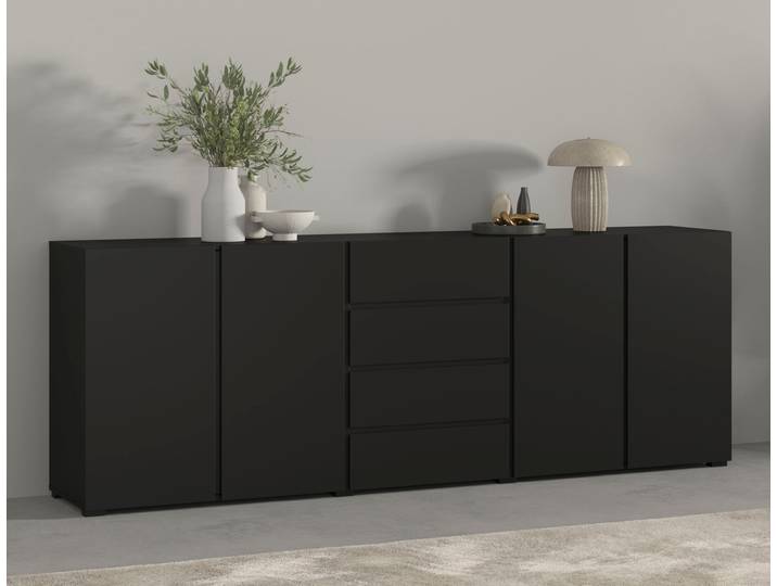 Sideboard GOODPRODUCT Metric,Breite 222 cm, grifflose Kommode 4 Türen/4 Schubkästen , schwarz, B:222cm H:78,5cm T:40cm, Holzwerkstoff, Melamin, Metall, Sideboards, Sideboard, Schubladenschrank mit viel Stauraum, Einlegeböden verstellbar