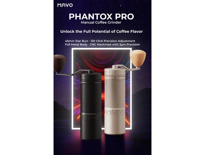 Moulin à café manuel Mavo Phantox Pro Premium, corps en métal, meule conique réglable, moulin à main pour espresso et café pourvers.