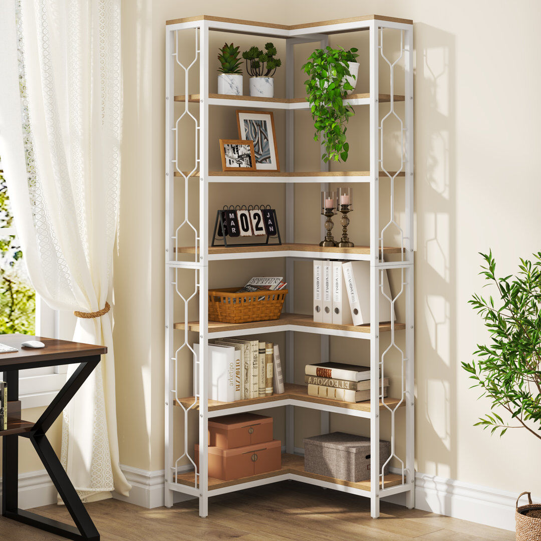 Blue Elephant Floki Stainless Steel Corner Bookcase Brown/White 200cm H X 59.9cm W X 59.9cm D