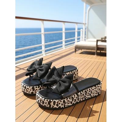 Damen-Plateausandalen mit Leopardenmuster – elegante weiße Sandalen mit Schleife für luxuriöse Kreuzfahrten und tropische Inseln nautische Sommerreisen
