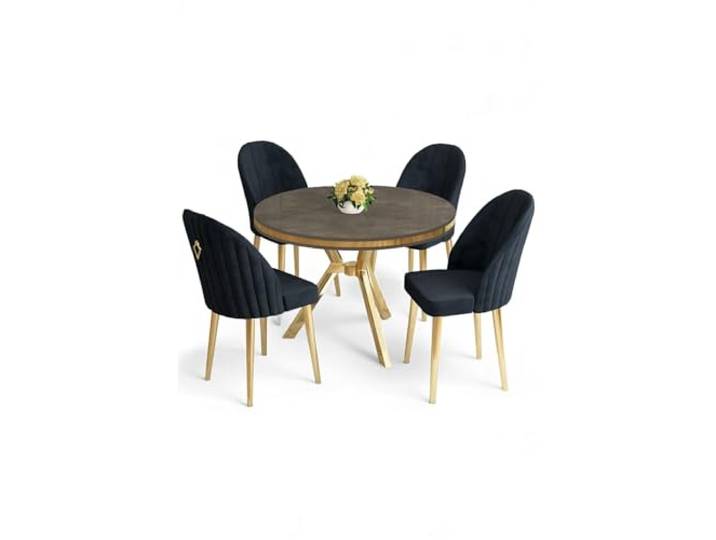 Hanah Home Modern 5-Piece Dining Table & Chairs Set, Anthracite & Gold, 100% Lacquer Panel, Metal Legs, Elegant Design for Stylish Dining Spaces
