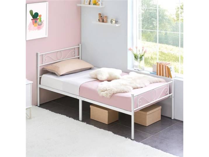 Cadre de Lit Simple 90x200cm-Lit Métallique Minimaliste avec Sommier à Lattes Stable et Durable pour chambre/studio-Blanc-YAHEETECH