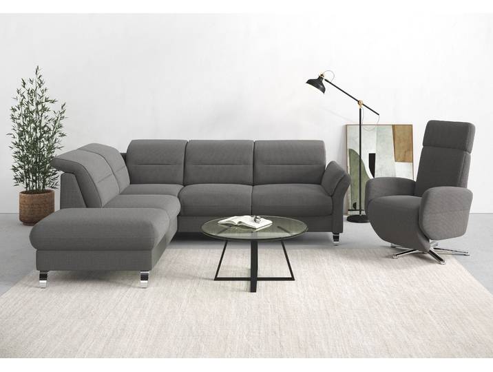 Ecksofa, Grau, 247x222 cm, Struktur weich, Bettfunktion & Armlehnenverstellung, Modern, sit&more