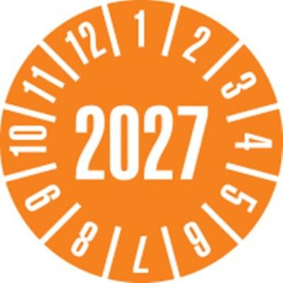 Dreifke® Prüfplakette 2027, orange, Schachbrettfolie, selbstklebend, Ø 30mm, 18 Stk.