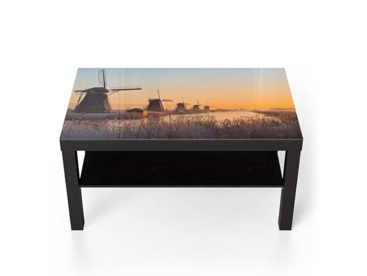 DEQORI Glastisch schwarz groß 90x50 cm Motiv Mühlen im Morgenlicht ausgefallener Beistelltisch aus Glas Hochglanz Couchtisch fürs Wohnzimmer moderner Couch Tisch mit Design