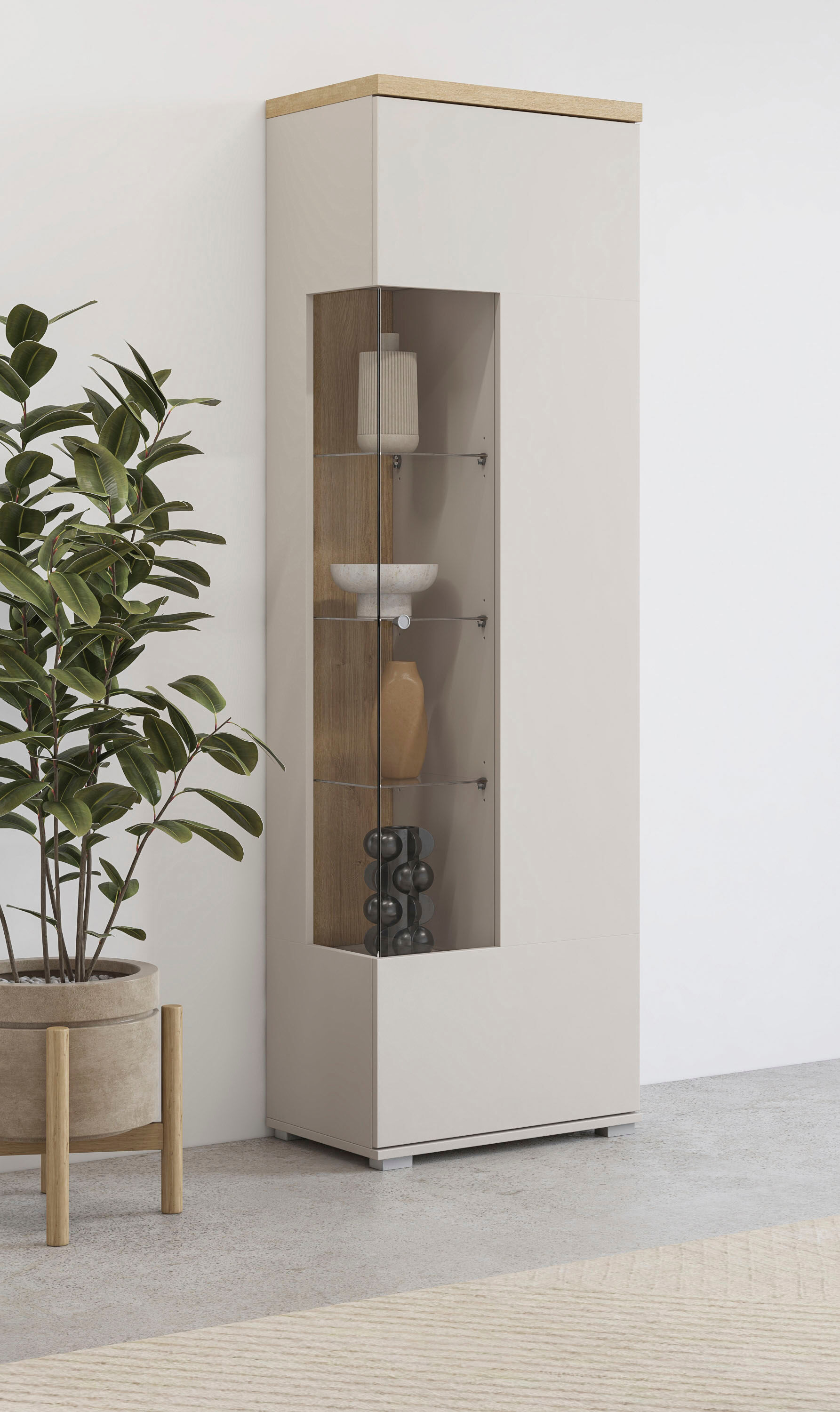 Vitrine HOME AFFAIRE "Serio", kaschmir, eiche carpenter, B:55cm H:180cm T:35,5cm, Glas, Holzwerkstoff, Kunststoff, Melamin, Schränke, Vitrine, Breite 55 cm kaschmir, eiche carpenter kaschmir/eiche carpenter, B/H/T: 55cm x 180cm x 35,5cm, Türen: 1 Stk. kas